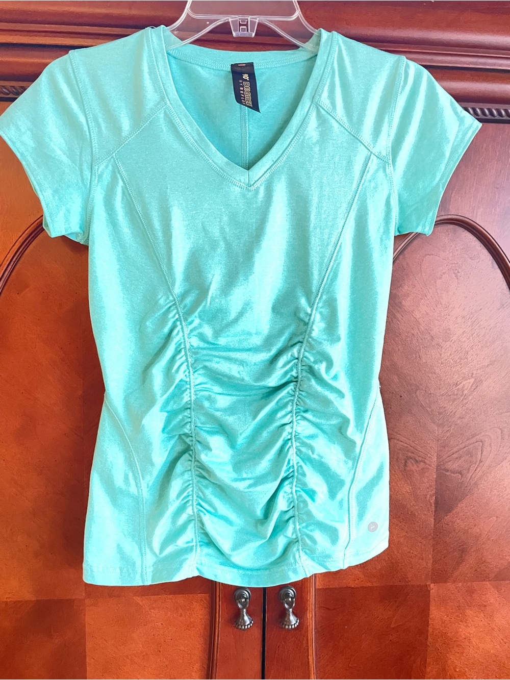 Light Teal Ruched V-Neck Short Sleeve Top
